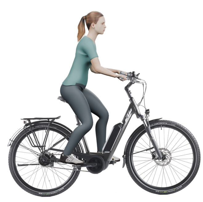 Sitzbeispiel mit 3D-Person: aufrechtere Haltung auf einem KTM Macina Central P510 mit 43 cm Rahmen.