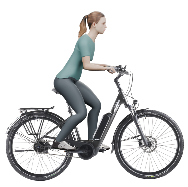 Sitzbeispiel mit derselben 3D-Person: leicht nach vorn geneigte Haltung auf demselben KTM Macina Central P510 mit 46 cm Rahmen.
