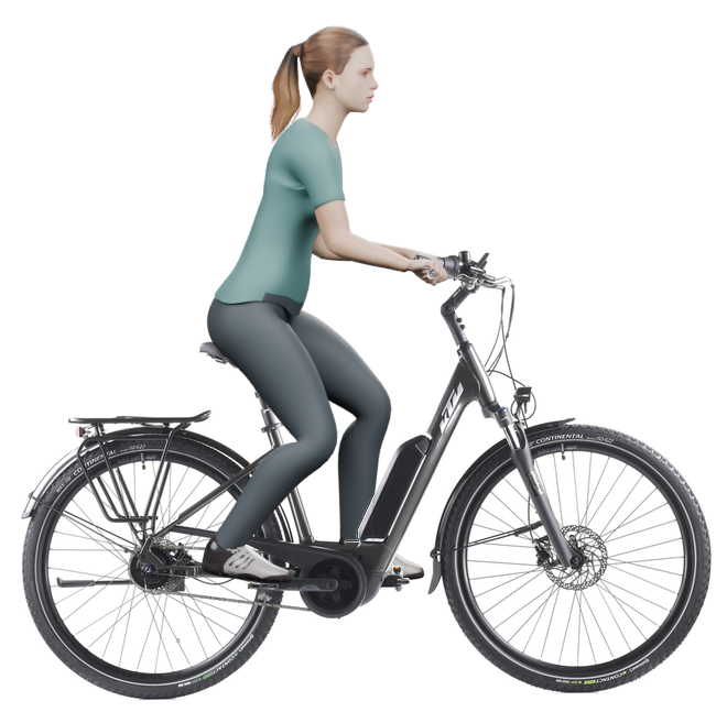 Sitzbeispiel mit 3D-Person: aufrechtere Haltung auf einem KTM Macina Central P510 mit 46 cm Rahmen.