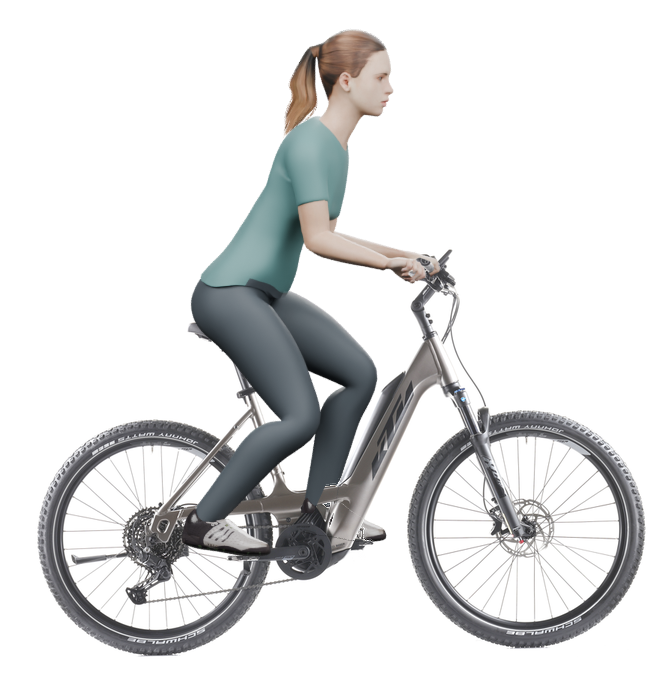 Sitzbeispiel mit derselben 3D-Person: leicht nach vorn geneigte Haltung auf demselben KTM Macina Aera 671 PTS mit 51 cm Rahmen.