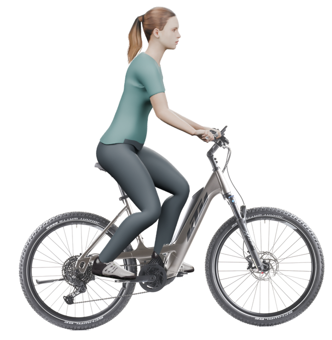 Sitzbeispiel mit 3D-Person: aufrechtere Haltung auf einem KTM Macina Aera 671 PTS mit 51 cm Rahmen.