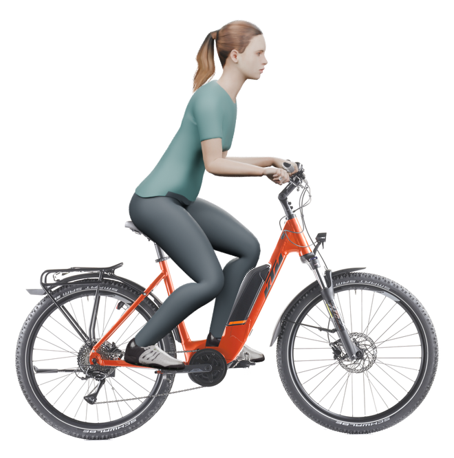 Sitzbeispiel mit derselben 3D-Person: leicht nach vorn geneigte Haltung auf demselben KTM Macina Aera P571 Street mit 51 cm Rahmen.