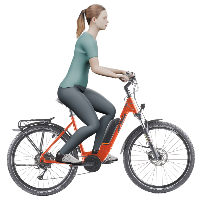 Sitzbeispiel mit 3D-Person: aufrechtere Haltung auf einem KTM Macina Aera P571 Street mit 51 cm Rahmen.