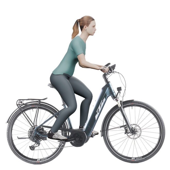 Sitzbeispiel mit derselben 3D-Person: leicht nach vorn geneigte Haltung auf demselben KTM Macina Sport 710 GX AXS mit 43 cm Rahmen.