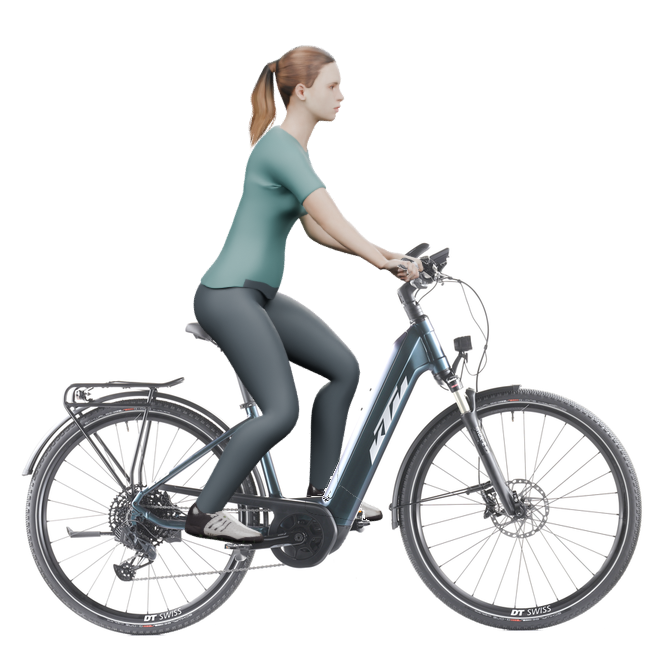 Sitzbeispiel mit 3D-Person: aufrechtere Haltung auf einem KTM Macina Sport 710 GX AXS mit 43 cm Rahmen.