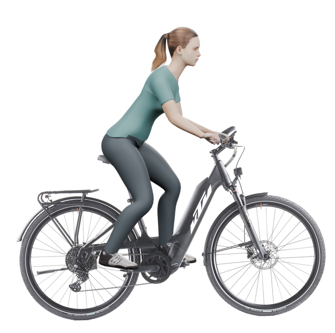 Sitzbeispiel mit derselben 3D-Person: leicht nach vorn geneigte Haltung auf demselben KTM Power Sport 10 PTS mit 43 cm Rahmen.