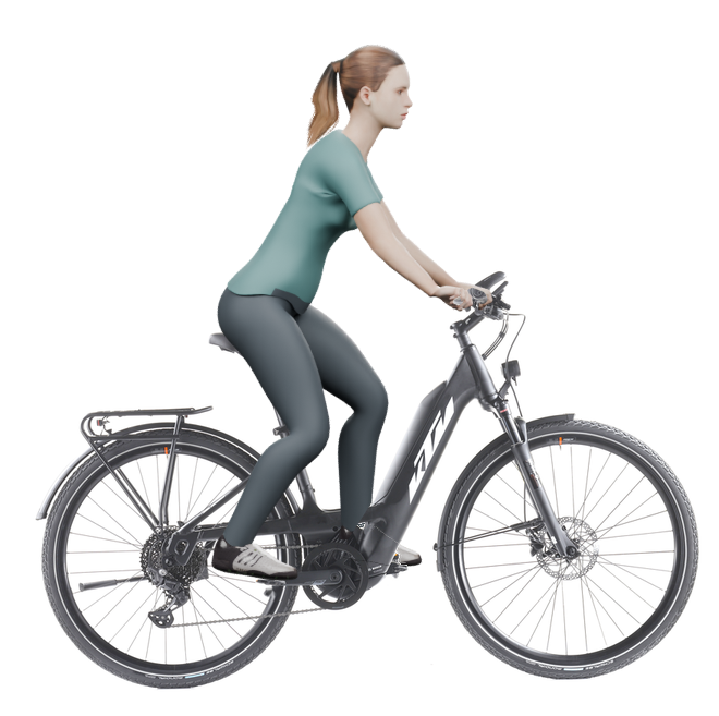 Sitzbeispiel mit 3D-Person: aufrechtere Haltung auf einem KTM Power Sport 10 PTS mit 43 cm Rahmen.
