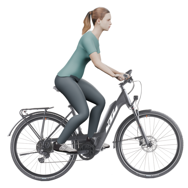 Sitzbeispiel mit derselben 3D-Person: leicht nach vorn geneigte Haltung auf demselben KTM Power Sport 10 PTS mit 51 cm Rahmen.