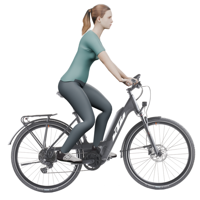 Sitzbeispiel mit 3D-Person: aufrechtere Haltung auf einem KTM Power Sport 10 PTS mit 51 cm Rahmen.