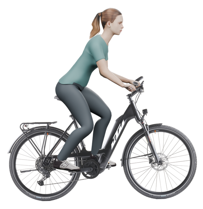 Sitzbeispiel mit derselben 3D-Person: leicht nach vorn geneigte Haltung auf demselben KTM Power Sport 10 PTS mit 56 cm Rahmen.