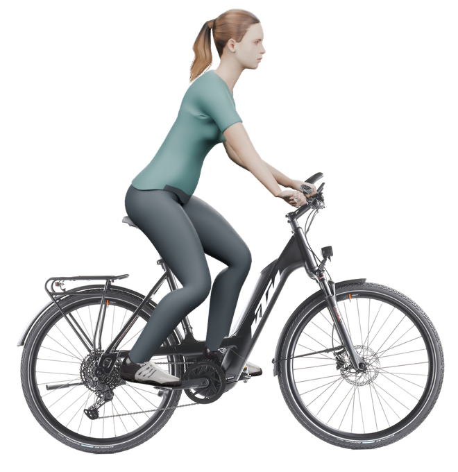 Sitzbeispiel mit 3D-Person: aufrechtere Haltung auf einem KTM Power Sport 10 PTS mit 56 cm Rahmen.