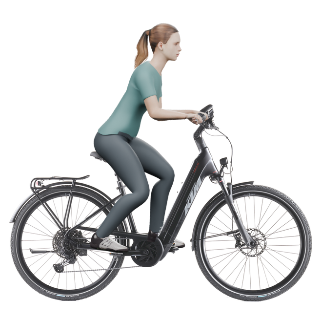 Sitzbeispiel mit derselben 3D-Person: leicht nach vorn geneigte Haltung auf demselben KTM Macina Tour CX 820 - 2025 mit 43 cm Rahmen.