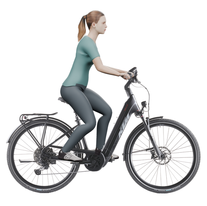 Sitzbeispiel mit 3D-Person: aufrechtere Haltung auf einem KTM Macina Tour CX 820 - 2025 mit 43 cm Rahmen.
