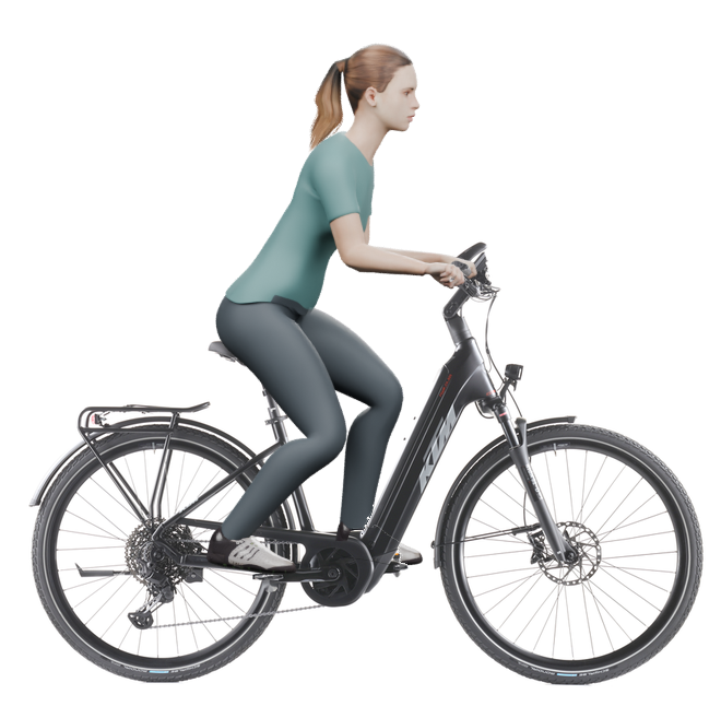 Sitzbeispiel mit derselben 3D-Person: leicht nach vorn geneigte Haltung auf demselben KTM Macina Tour CX 820 - 2025 mit 46 cm Rahmen.