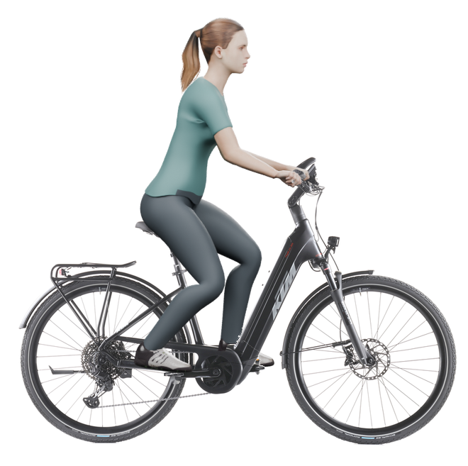 Sitzbeispiel mit 3D-Person: aufrechtere Haltung auf einem KTM Macina Tour CX 820 - 2025 mit 46 cm Rahmen.