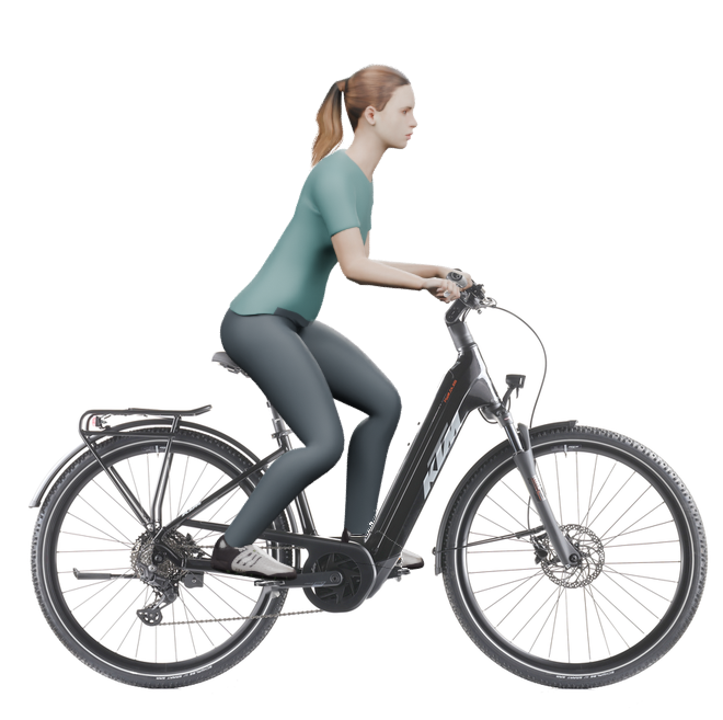 Sitzbeispiel mit derselben 3D-Person: leicht nach vorn geneigte Haltung auf demselben KTM Macina Tour CX 830 mit 43 cm Rahmen.