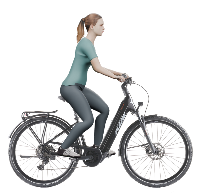 Sitzbeispiel mit 3D-Person: aufrechtere Haltung auf einem KTM Macina Tour CX 830 mit 43 cm Rahmen.