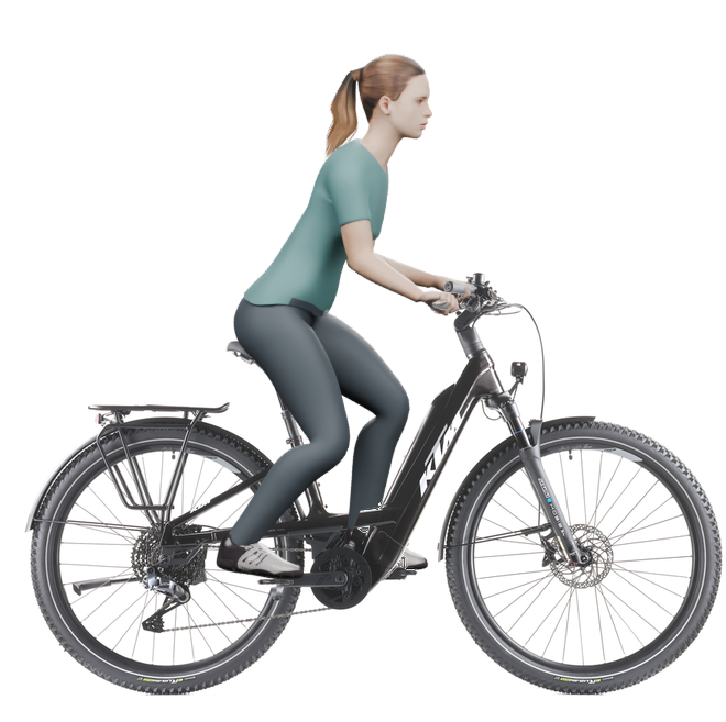 Sitzbeispiel mit derselben 3D-Person: leicht nach vorn geneigte Haltung auf demselben KTM Macina Every 830 PTS Di2 mit 43 cm Rahmen.