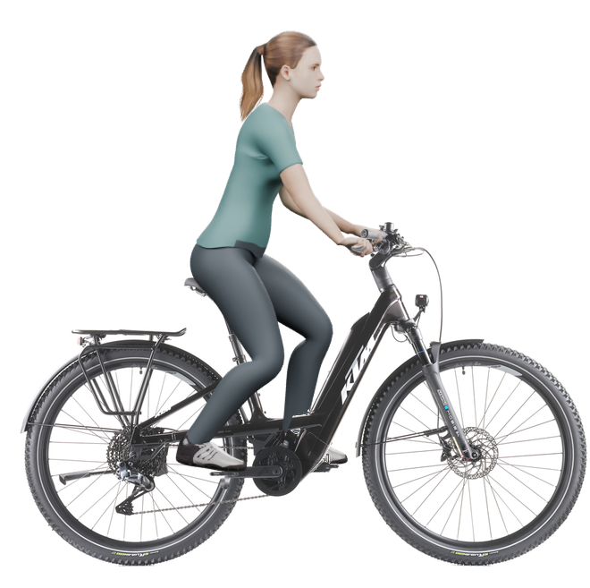 Sitzbeispiel mit 3D-Person: aufrechtere Haltung auf einem KTM Macina Every 830 PTS Di2 mit 43 cm Rahmen.