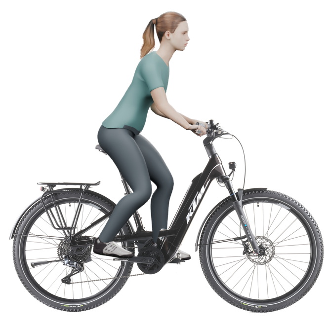 Sitzbeispiel mit derselben 3D-Person: leicht nach vorn geneigte Haltung auf demselben KTM Macina Every 830 PTS Di2 mit 46 cm Rahmen.