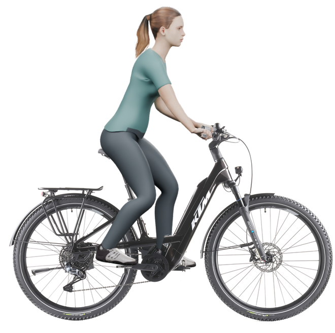 Sitzbeispiel mit 3D-Person: aufrechtere Haltung auf einem KTM Macina Every 830 PTS Di2 mit 46 cm Rahmen.