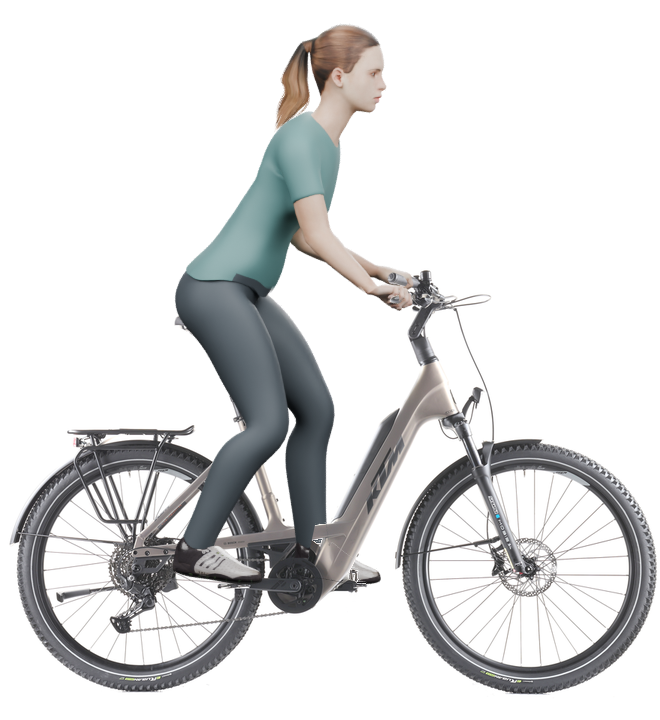 Sitzbeispiel mit derselben 3D-Person: leicht nach vorn geneigte Haltung auf demselben KTM Macina Every 840 mit 56 cm Rahmen.