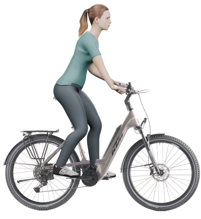 Sitzbeispiel mit 3D-Person: aufrechtere Haltung auf einem KTM Macina Every 840 mit 56 cm Rahmen.