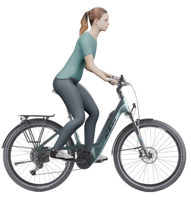 Sitzbeispiel mit derselben 3D-Person: leicht nach vorn geneigte Haltung auf demselben KTM Macina Every 840 mit 51 cm Rahmen.