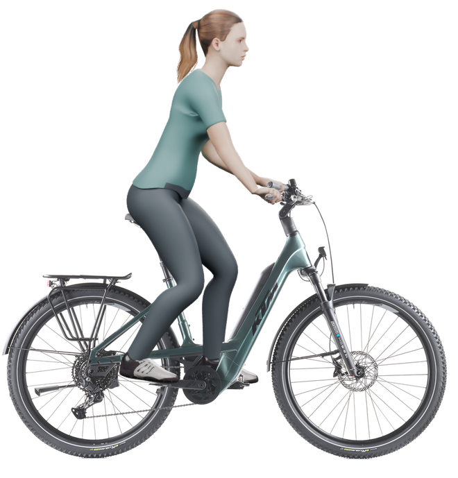 Sitzbeispiel mit 3D-Person: aufrechtere Haltung auf einem KTM Macina Every 840 mit 51 cm Rahmen.
