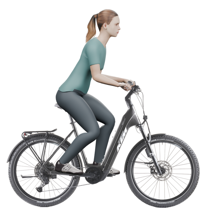 Sitzbeispiel mit derselben 3D-Person: leicht nach vorn geneigte Haltung auf demselben KTM Macina Aera 872 LFC mit 56 cm Rahmen.