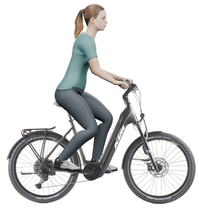 Sitzbeispiel mit 3D-Person: aufrechtere Haltung auf einem KTM Macina Aera 872 LFC mit 56 cm Rahmen.