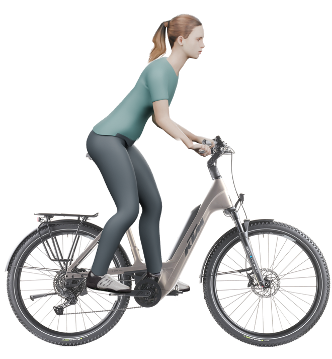 Sitzbeispiel mit derselben 3D-Person: leicht nach vorn geneigte Haltung auf demselben KTM Macina Every 840 mit 60 cm Rahmen.