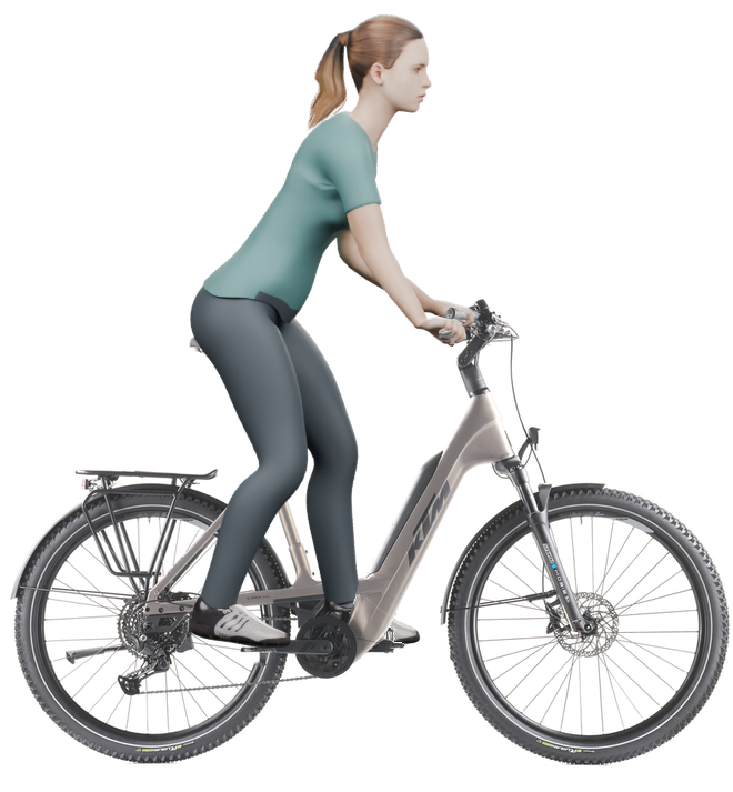 Sitzbeispiel mit 3D-Person: aufrechtere Haltung auf einem KTM Macina Every 840 mit 60 cm Rahmen.