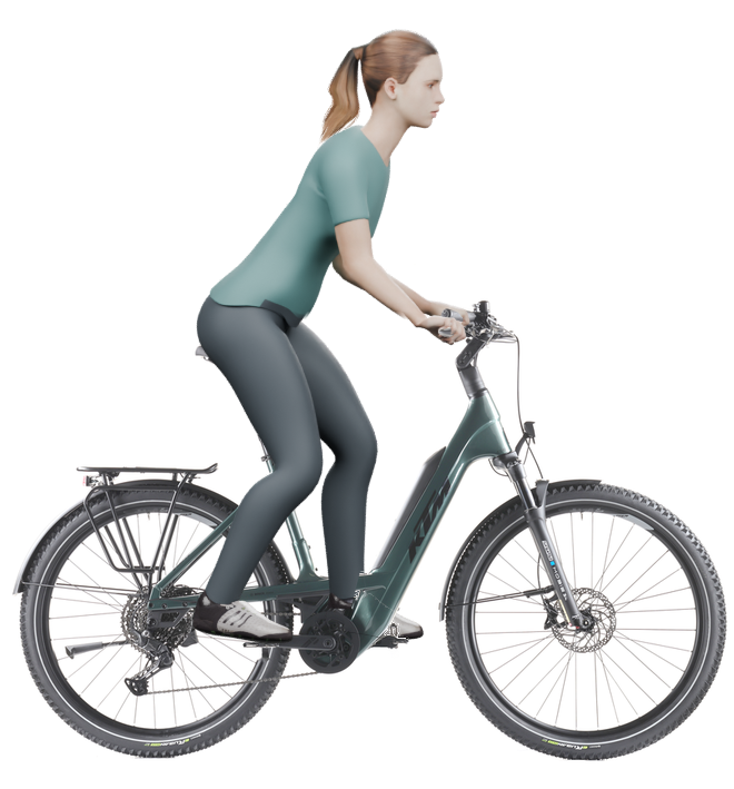 Sitzbeispiel mit derselben 3D-Person: leicht nach vorn geneigte Haltung auf demselben KTM Macina Every 840 mit 56 cm Rahmen.