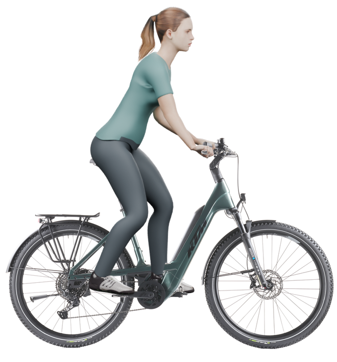 Sitzbeispiel mit 3D-Person: aufrechtere Haltung auf einem KTM Macina Every 840 mit 56 cm Rahmen.