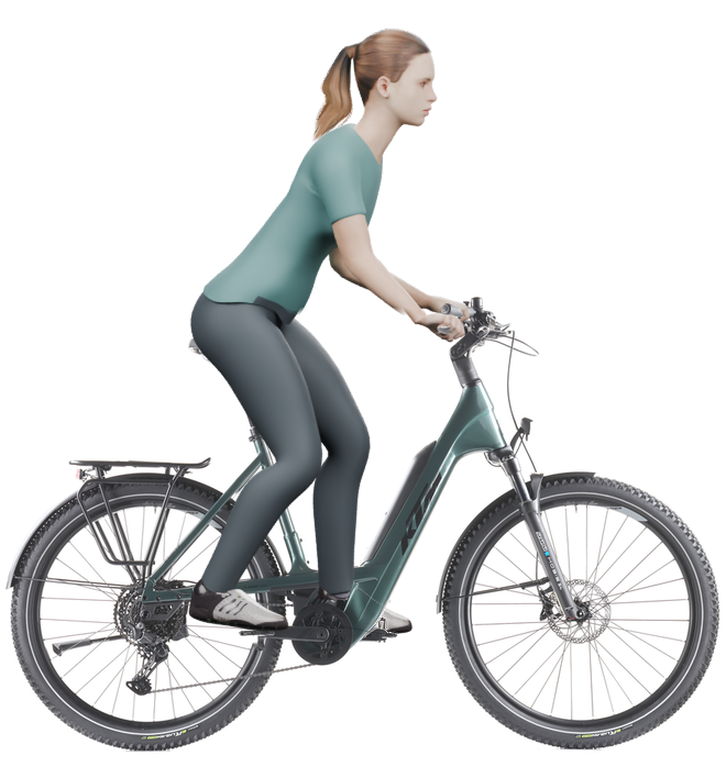 Sitzbeispiel mit derselben 3D-Person: leicht nach vorn geneigte Haltung auf demselben KTM Macina Every 840 mit 60 cm Rahmen.