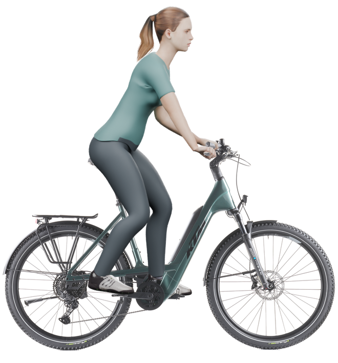 Sitzbeispiel mit 3D-Person: aufrechtere Haltung auf einem KTM Macina Every 840 mit 60 cm Rahmen.