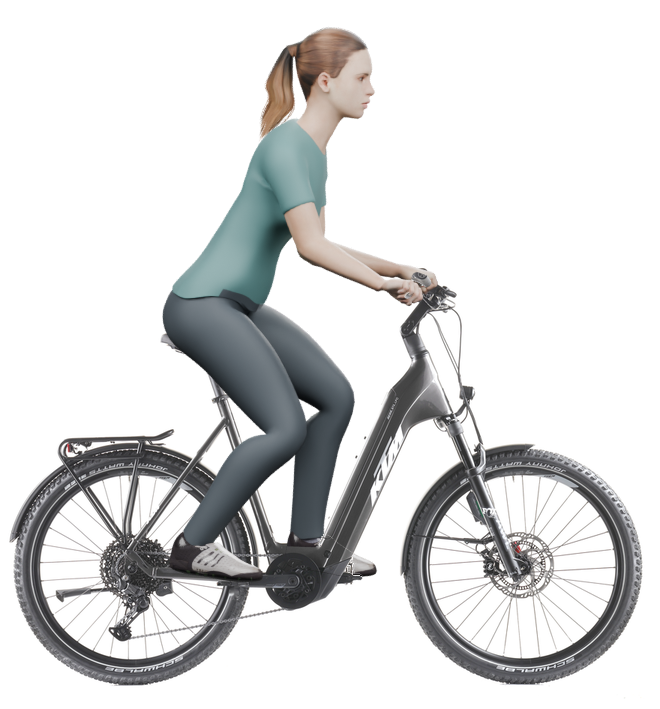 Sitzbeispiel mit derselben 3D-Person: leicht nach vorn geneigte Haltung auf demselben KTM Macina Aera 872 LFC mit 60 cm Rahmen.