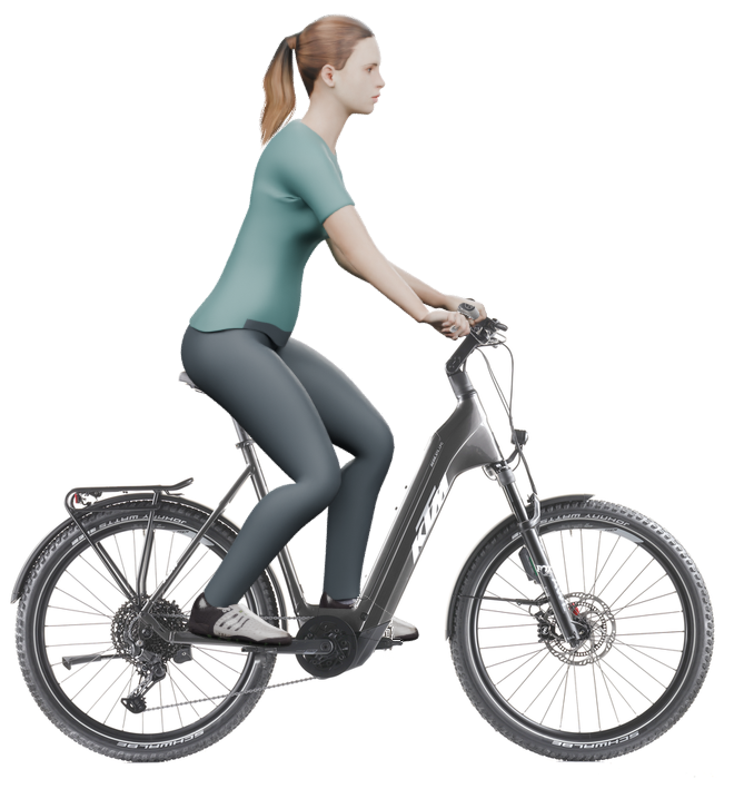 Sitzbeispiel mit 3D-Person: aufrechtere Haltung auf einem KTM Macina Aera 872 LFC mit 60 cm Rahmen.