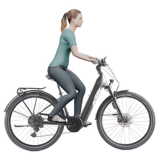 Sitzbeispiel mit 3D-Person: aufrechtere Haltung auf einem KTM Macina Gran 820 ABS 29 mit 43 cm Rahmen.