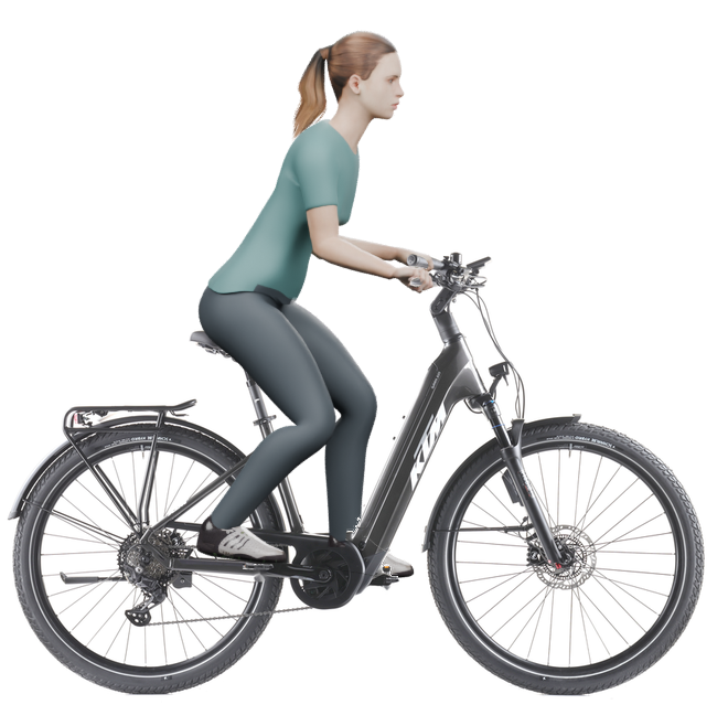Sitzbeispiel mit derselben 3D-Person: leicht nach vorn geneigte Haltung auf demselben KTM Macina Gran 820 ABS 29 mit 46 cm Rahmen.
