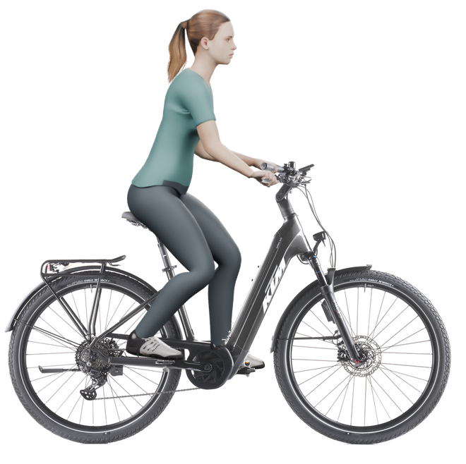 Sitzbeispiel mit 3D-Person: aufrechtere Haltung auf einem KTM Macina Gran 820 ABS 29 mit 46 cm Rahmen.