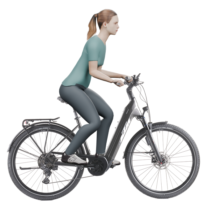 Sitzbeispiel mit derselben 3D-Person: leicht nach vorn geneigte Haltung auf demselben KTM Macina Gran 820 ABS 29 mit 51 cm Rahmen.