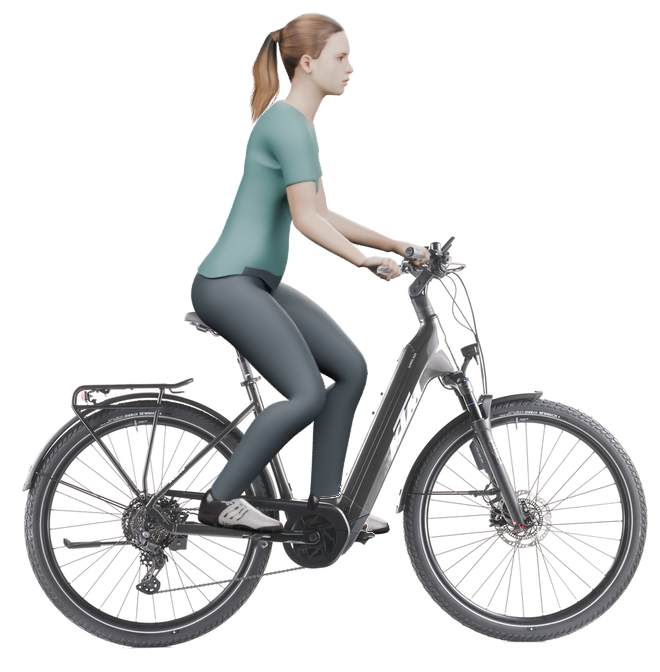 Sitzbeispiel mit 3D-Person: aufrechtere Haltung auf einem KTM Macina Gran 820 ABS 29 mit 51 cm Rahmen.