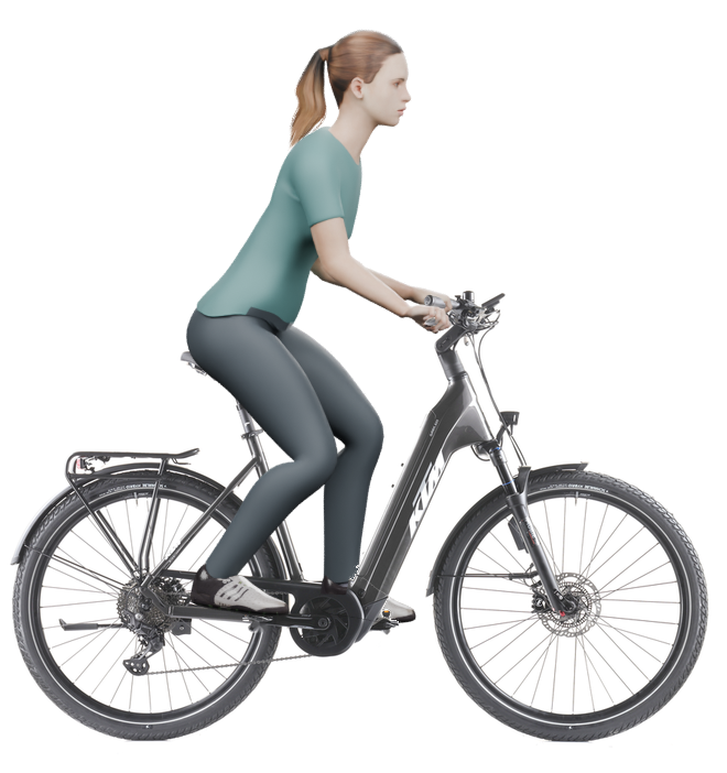 Sitzbeispiel mit derselben 3D-Person: leicht nach vorn geneigte Haltung auf demselben KTM Macina Gran 820 ABS 29 mit 56 cm Rahmen.