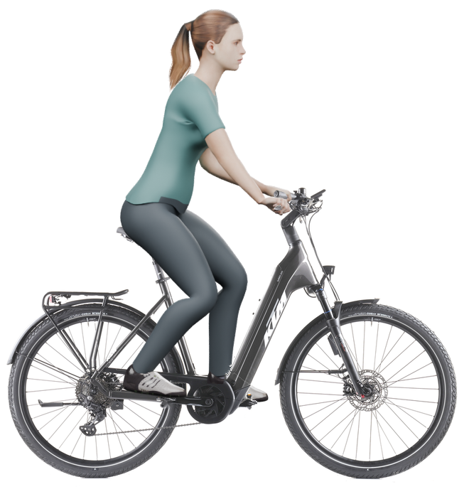 Sitzbeispiel mit 3D-Person: aufrechtere Haltung auf einem KTM Macina Gran 820 ABS 29 mit 56 cm Rahmen.