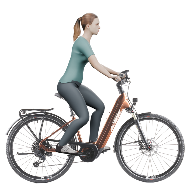 Sitzbeispiel mit 3D-Person: aufrechtere Haltung auf einem KTM Macina Tour CX 810 GX AXS mit 43 cm Rahmen.