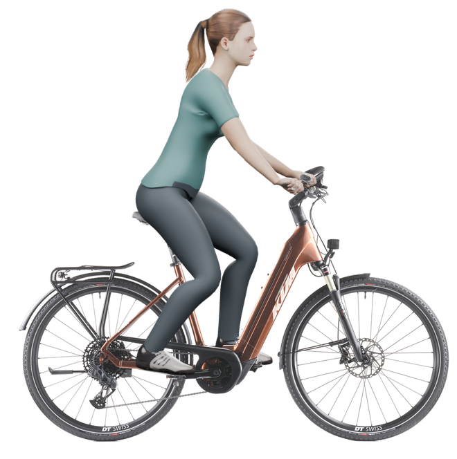 Sitzbeispiel mit 3D-Person: aufrechtere Haltung auf einem KTM Macina Tour CX 810 GX AXS mit 51 cm Rahmen.