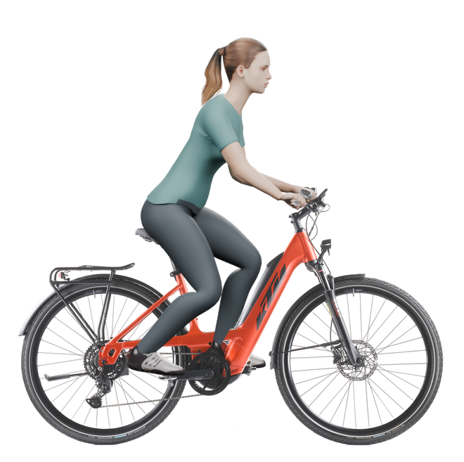 Sitzbeispiel mit derselben 3D-Person: leicht nach vorn geneigte Haltung auf demselben KTM Macina Sport 510 PTS mit 46 cm Rahmen.