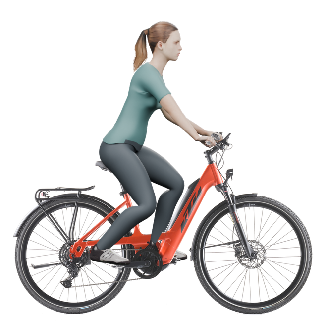 Sitzbeispiel mit 3D-Person: aufrechtere Haltung auf einem KTM Macina Sport 510 PTS mit 46 cm Rahmen.